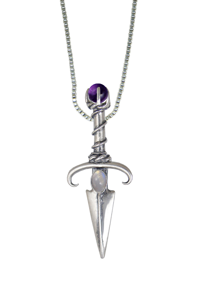 Sterling Silver Black Prince's Knife Dagger Pendant With Rainbow Moonstone And Amethyst